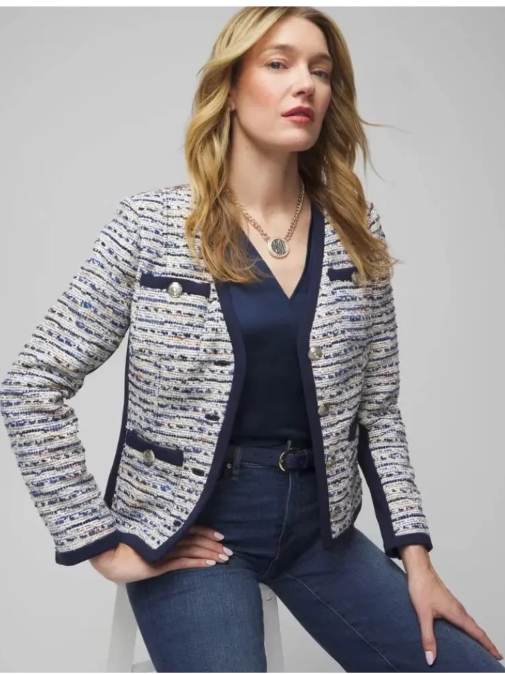 White House Black Market White and Navy Tweed Jacket